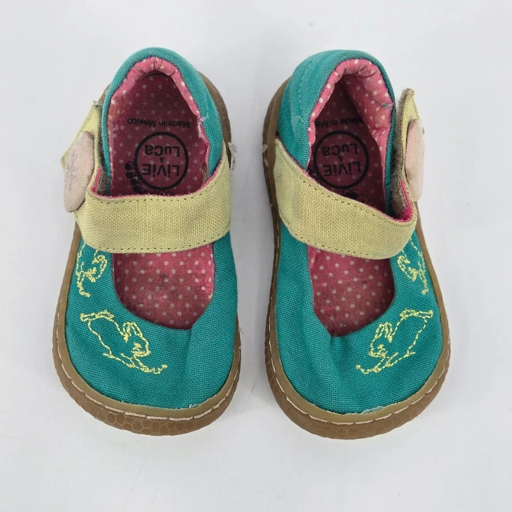 Livie & Luca Pip Teal Canvas Yellow Bunny Mary Jane Infant Toddler Shoes 4 GUC